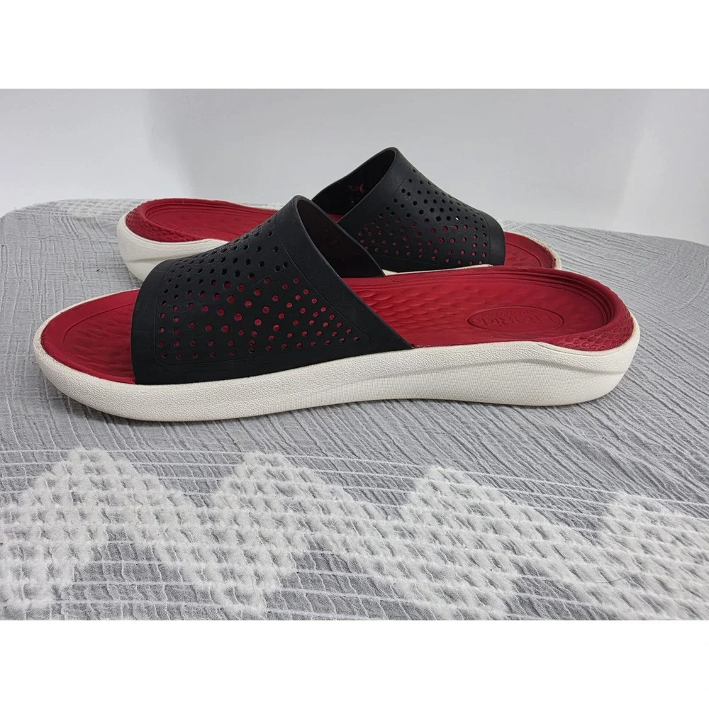 Crocs LiteRide Slides Mens 13 Black Red White Athletic Comfort Sandals 205183
